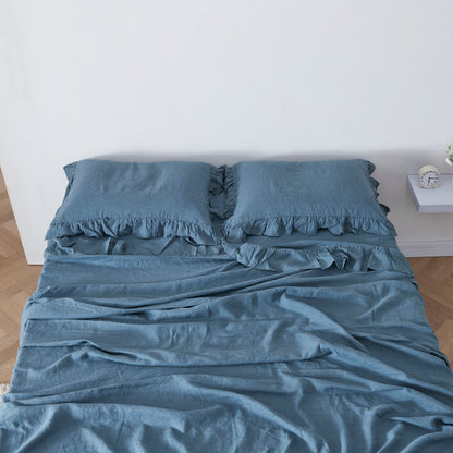 French Blue Cooling Linen Flat Sheet and Pillowcases with Ruffle Hem
