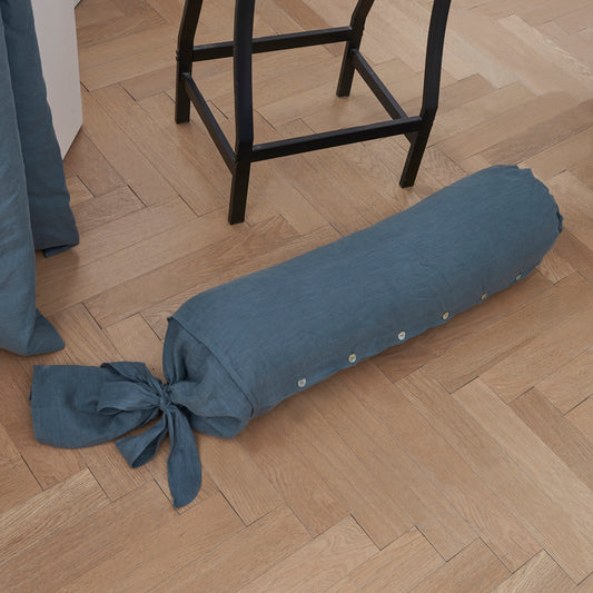 French Blue 100% Linen Bow Ties Bolster On Floor - linenforce