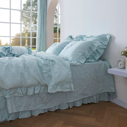 Ruffle Linen Duvet Cover in Pale Blue