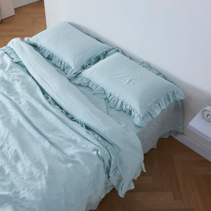 Pale Blue Linen Pillowcases with Ruffle Hem