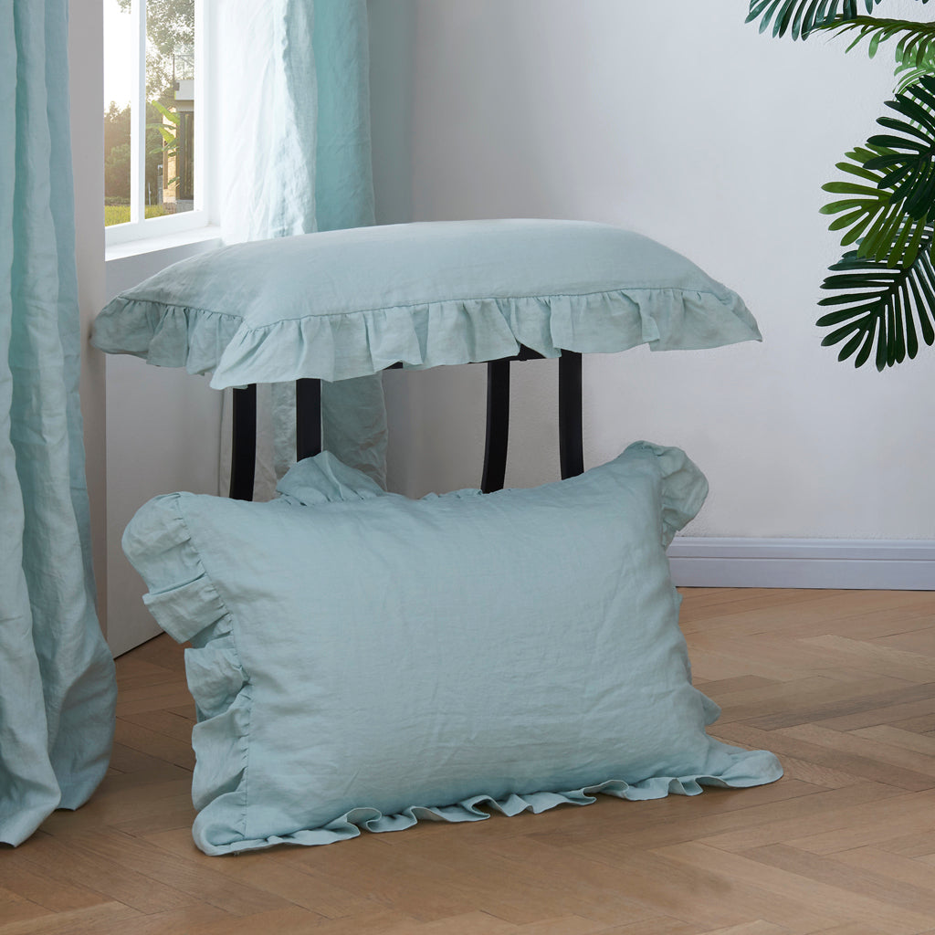 Pale Blue Linen Ruffle Hem Pillowcases