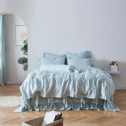 Pale Blue 100% Linen Duvet Cover With Bow Ties - linenforce