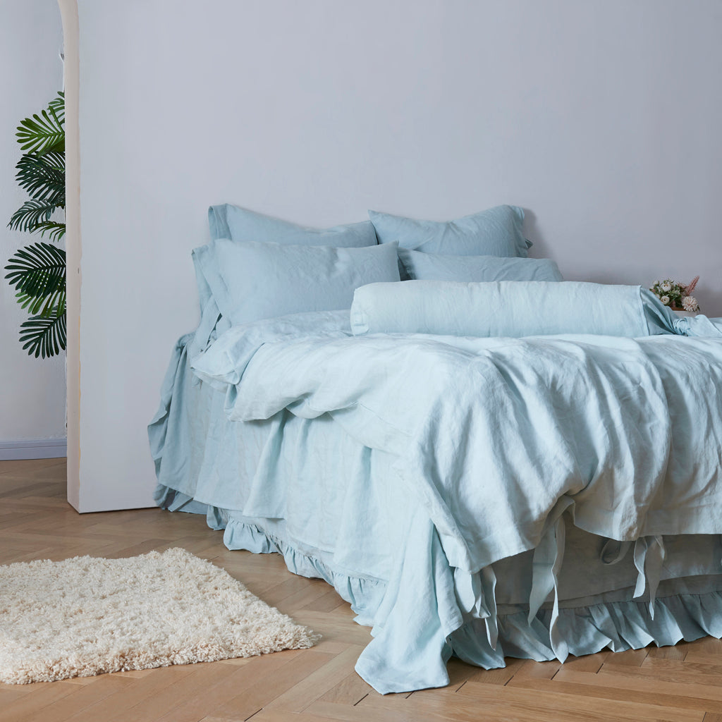 Side View Of Pale Blue 100% Linen Duvet Cover With Bow Ties - linenforce