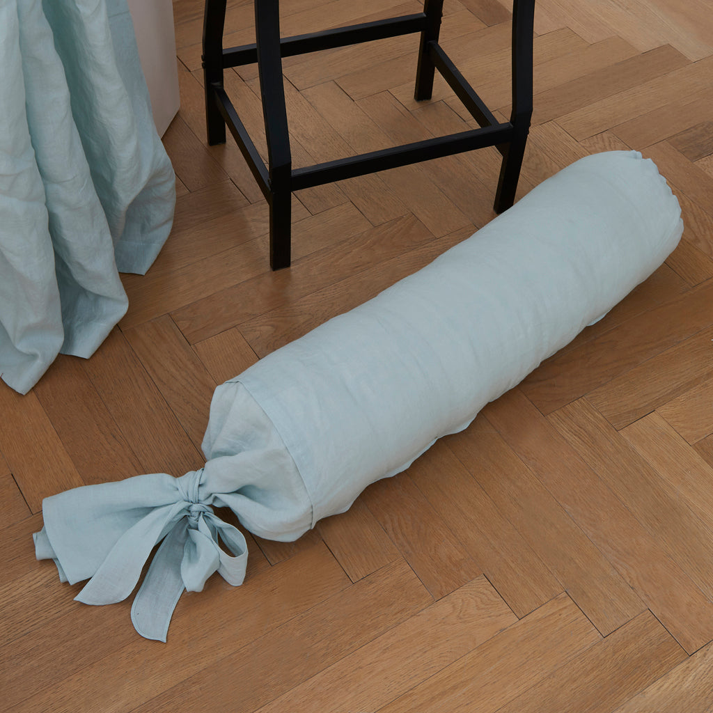 Pale Blue Linen Bolster Pillow with Bow Ties