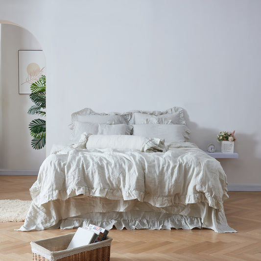 Cool Gray Linen Ruffle Hem Duvet Cover on Bed