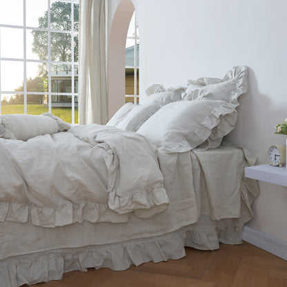 Cool Gray Linen Bedding with Ruffle Hem