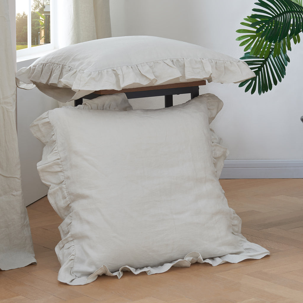 Cool Grey 100% Linen Ruffle Hem Euro Pillowcases On Bed - linenforce