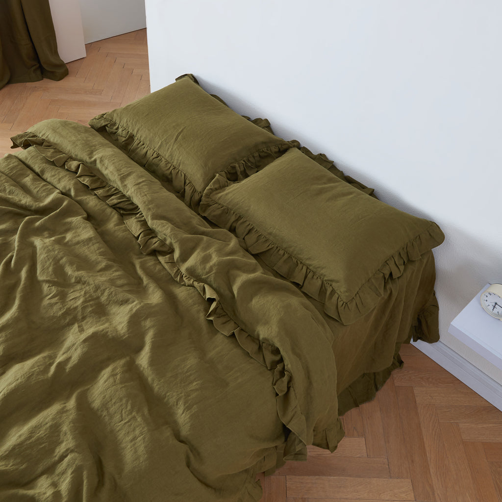 Green Olive 100% Linen Ruffle Hem Pillowcases On Bed - linenforce