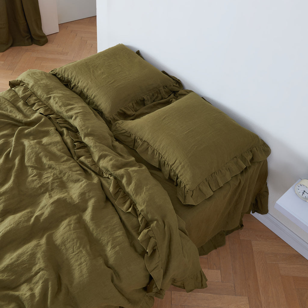 Green Olive 100% Linen Ruffle Hem Euro Pillowcases On Bed - linenforce
