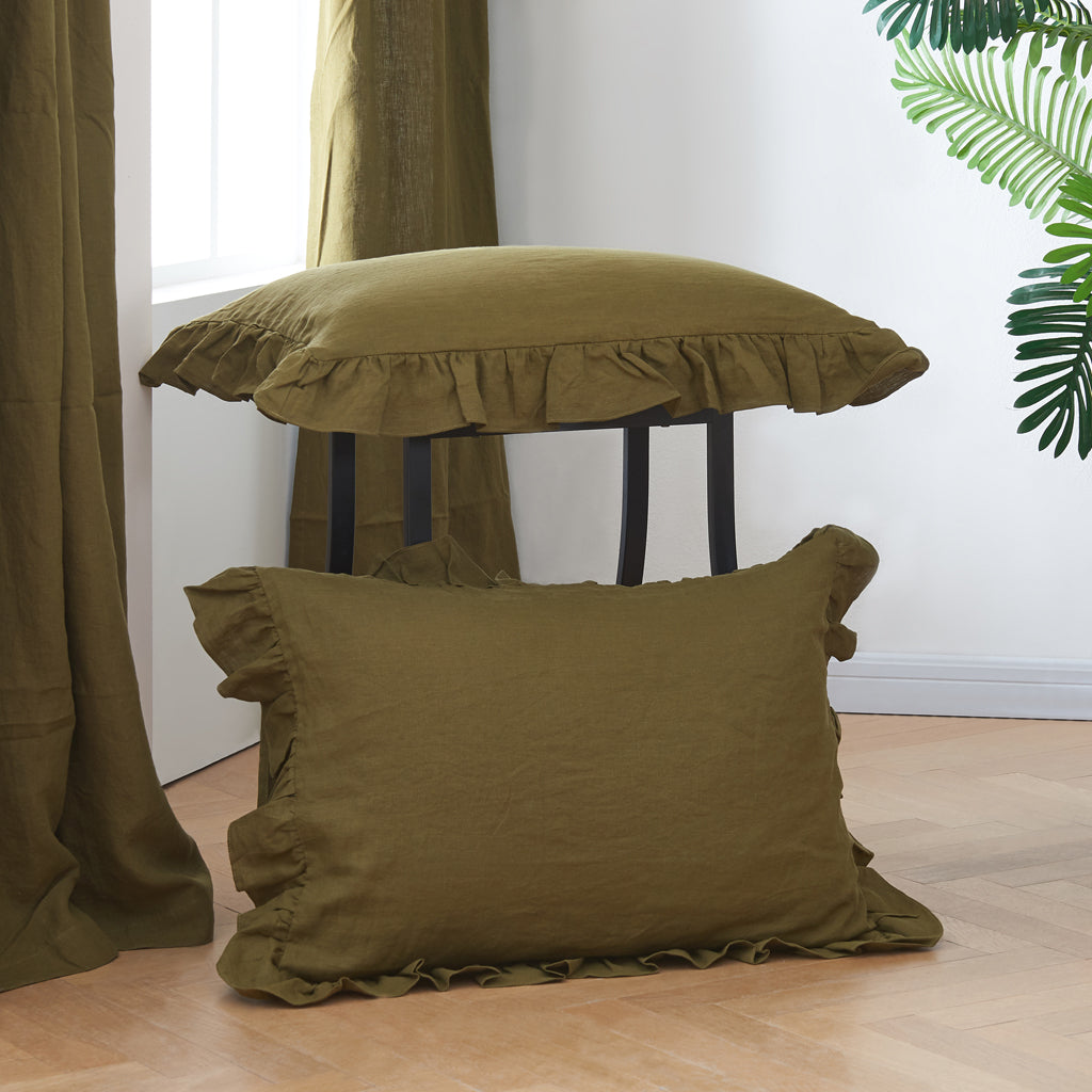 Green Olive 100% Linen Ruffle Hem Pillowcases On Floor - linenforce