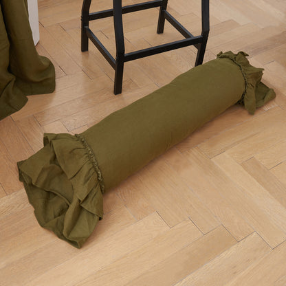 Olive Green Linen Ruffle Hem Bolster Pillow