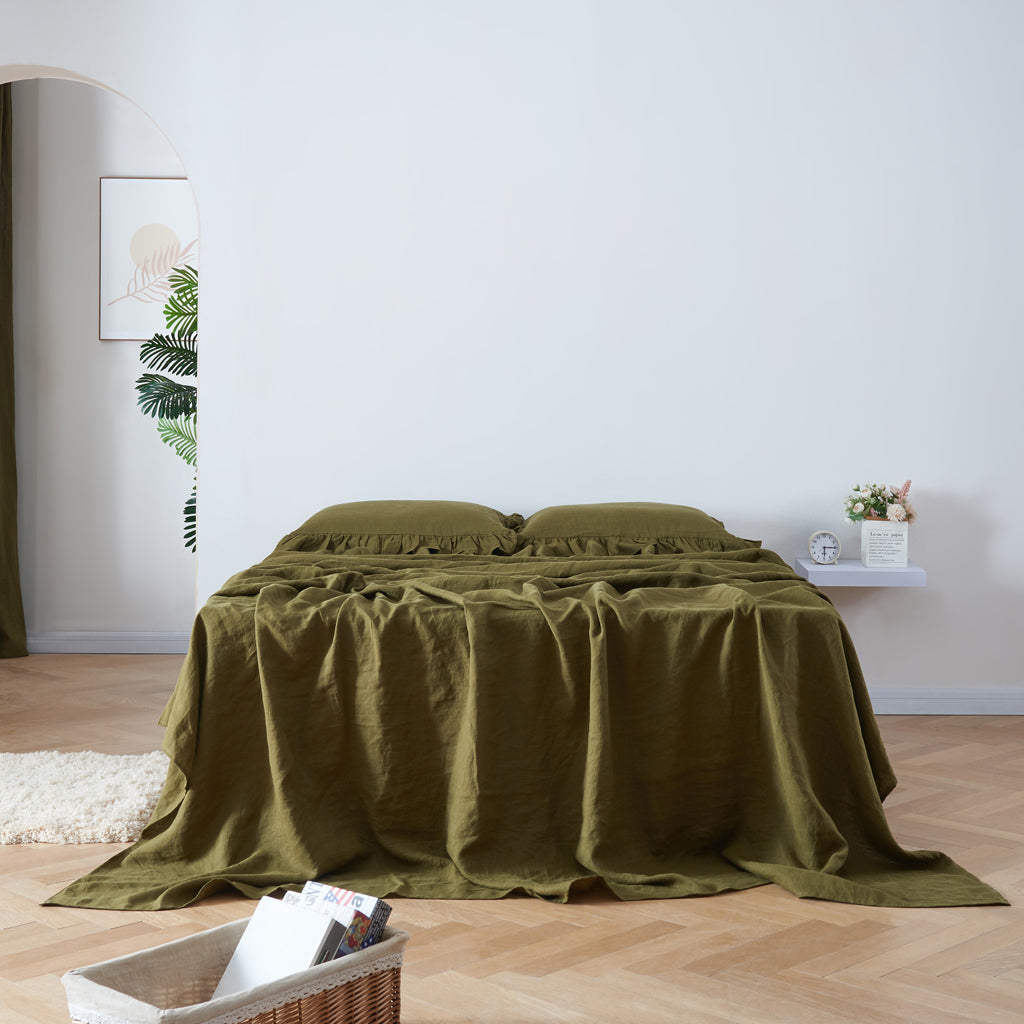 Olive Green Linen Ruffle Hem Flat Sheet on Bed