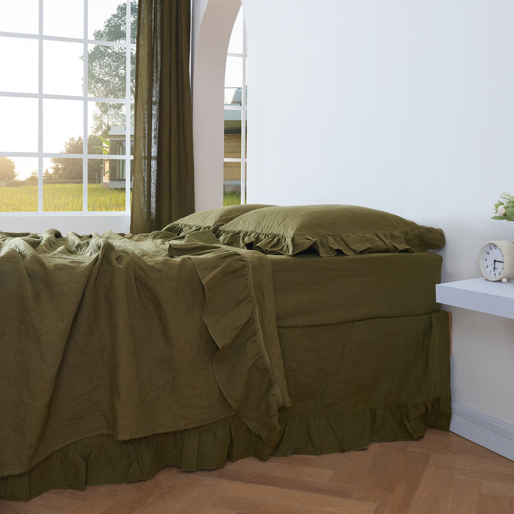 Olive Green Linen Bedding Set with Ruffle Hem