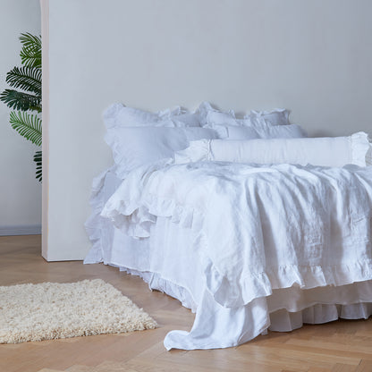 Optic White Linen Duvet Cover and Bedding Set with Ruffle Hem
