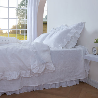 Side of Optic White Linen Ruffle Hem Duvet Cover and Pillows