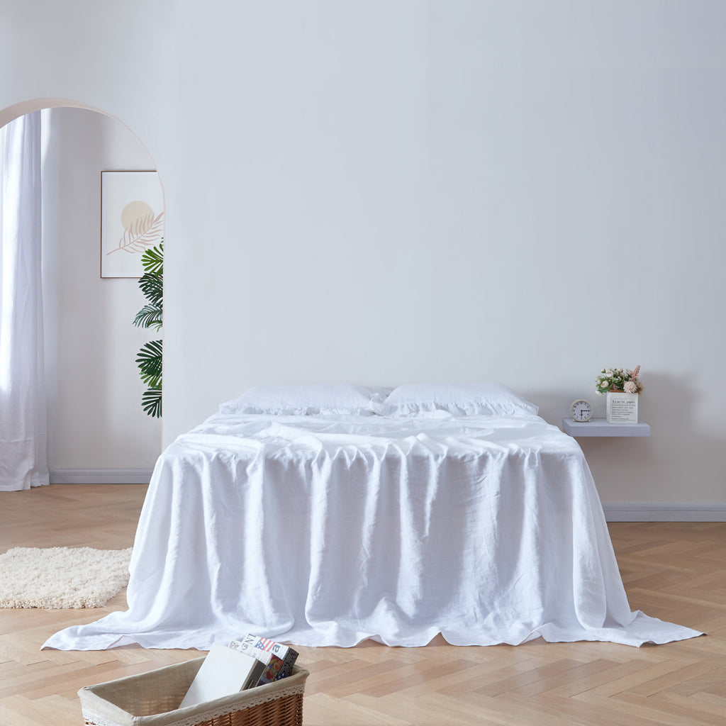 Front View Of 100% Linen Ruffle Hem Flat Sheet On Bed - Linenforce