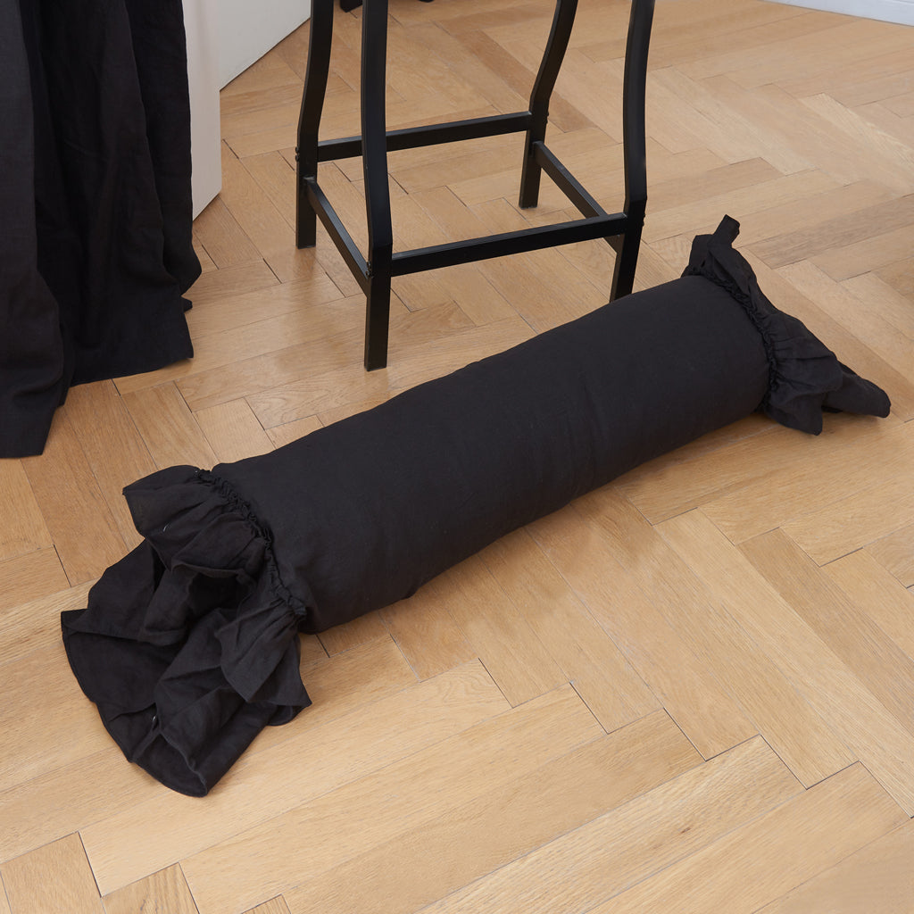 Black Linen Ruffle Bolster Pillow