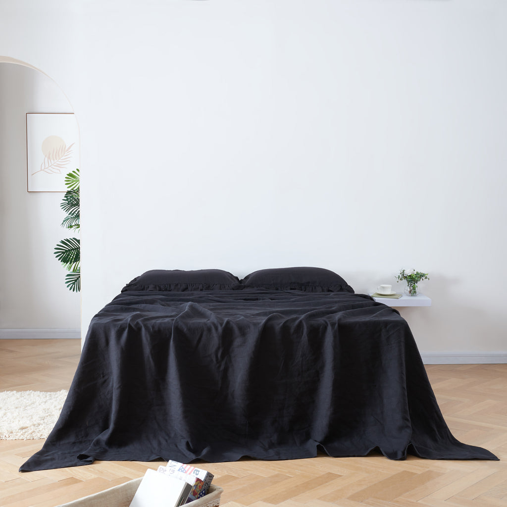 Front View Of 100% Linen Flat Sheet On Bed - linenforce
