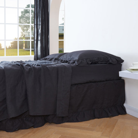 Close Up View Of Black 100% Linen Flat Sheet - linenforce