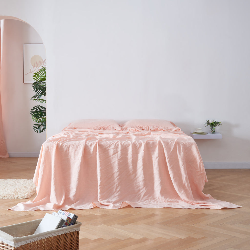 Peach 100% Linen Ruffle Hem Flat Sheet On Bed - linenforce