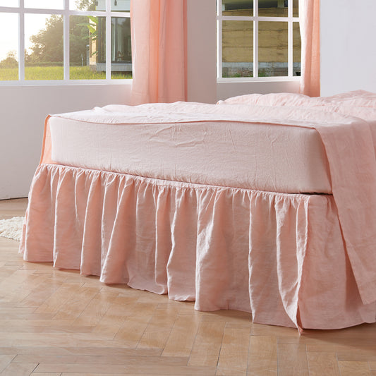 Side View Of Peach 100% Linen Gathered Dust Ruffle - linenforce