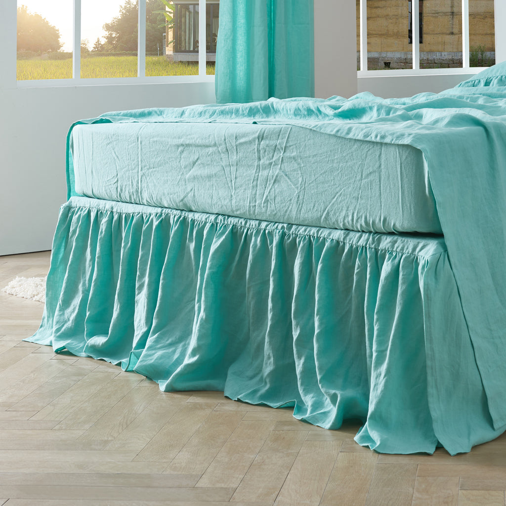 Aqua Green 100% Linen Bedding Gathered Dust Ruffle in Bedroom