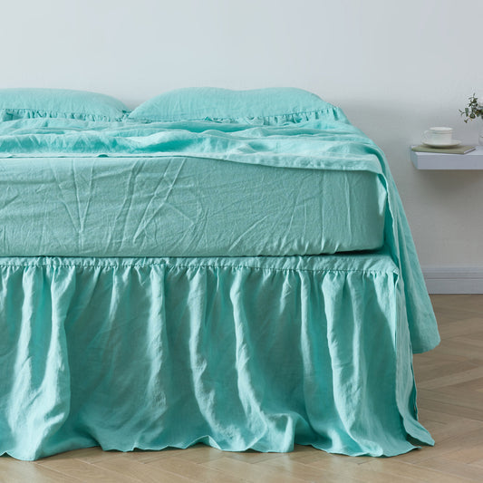Aqua Green Linen Gathered Dust Ruffle on Bed