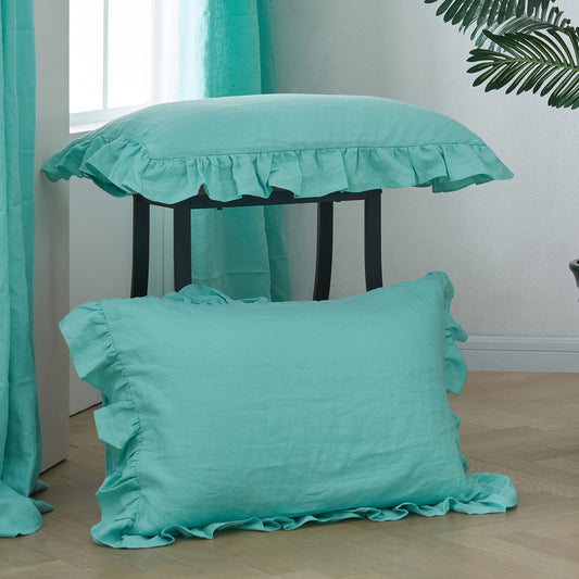 Aqua Green Linen Ruffle Hem Pillowcases