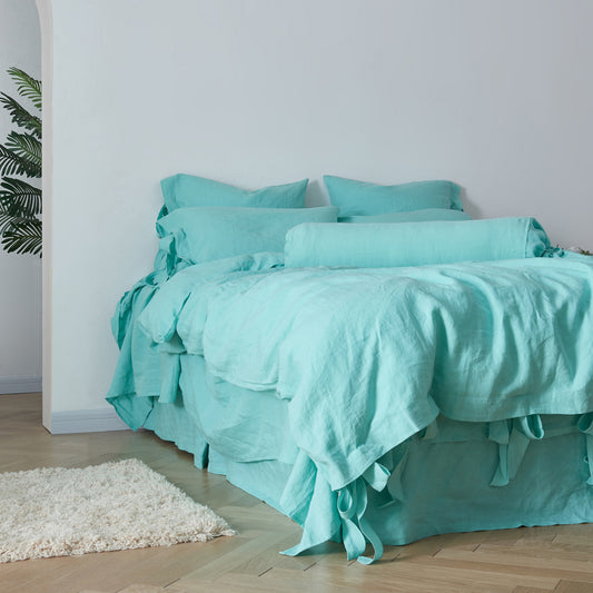 Side View Of 100% Linen Aqua Green Duvet Cover With Bow Ties - linenoforce