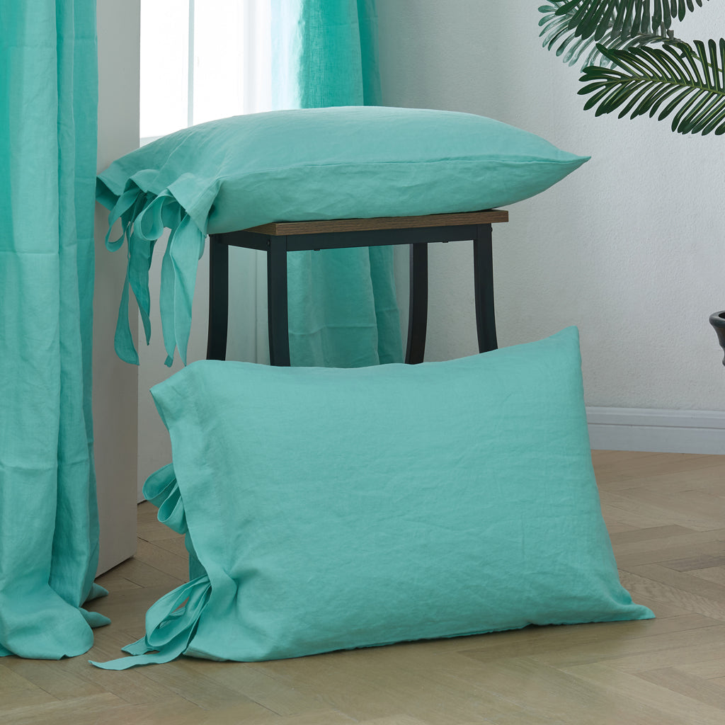 Aqua Green 100% Linen Bow Ties Pillowcases On Floor - linenforce