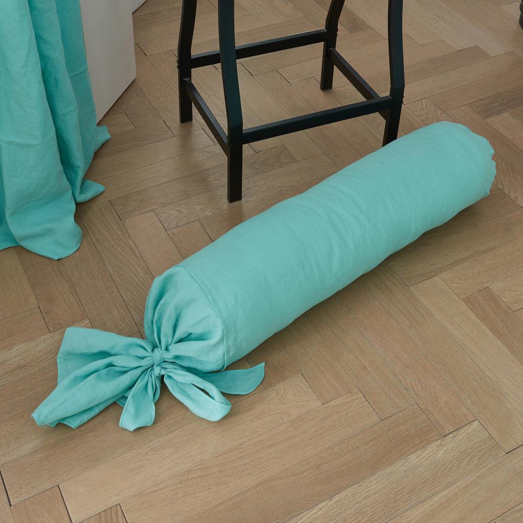 Linen Bow Ties Aqua Green Bolster Pillow