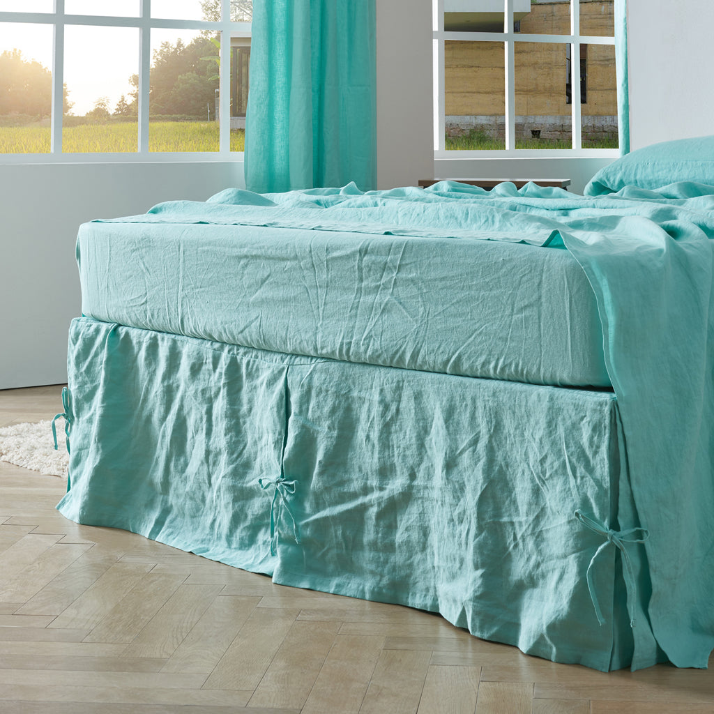 Linen Side Pleated Bedskirt with Knots in Aqua Green