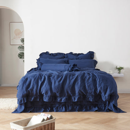 Indigo Blue Linen Ruffle Hem Duvet Cover on Bed