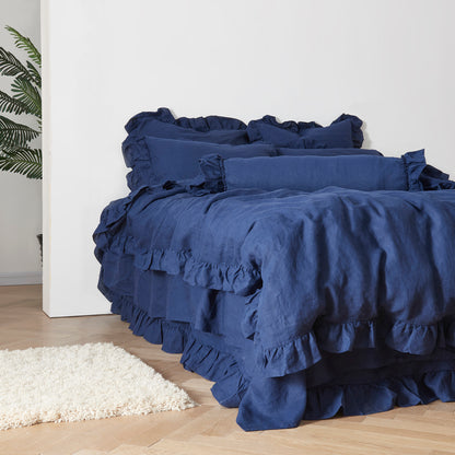 Indigo Blue Linen Duvet Cover with Ruffle Hem