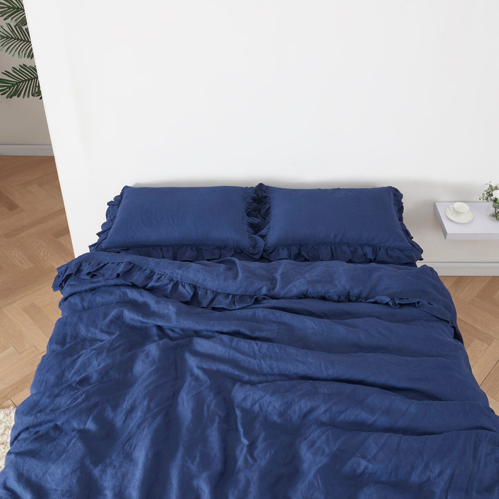 Indigo Blue Linen Bedding with Ruffle Hem