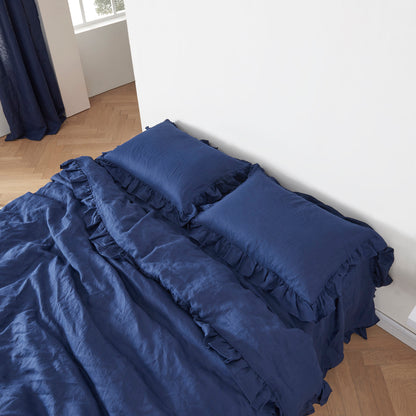Indigo Blue Linen Pillowcases with Ruffle Hem