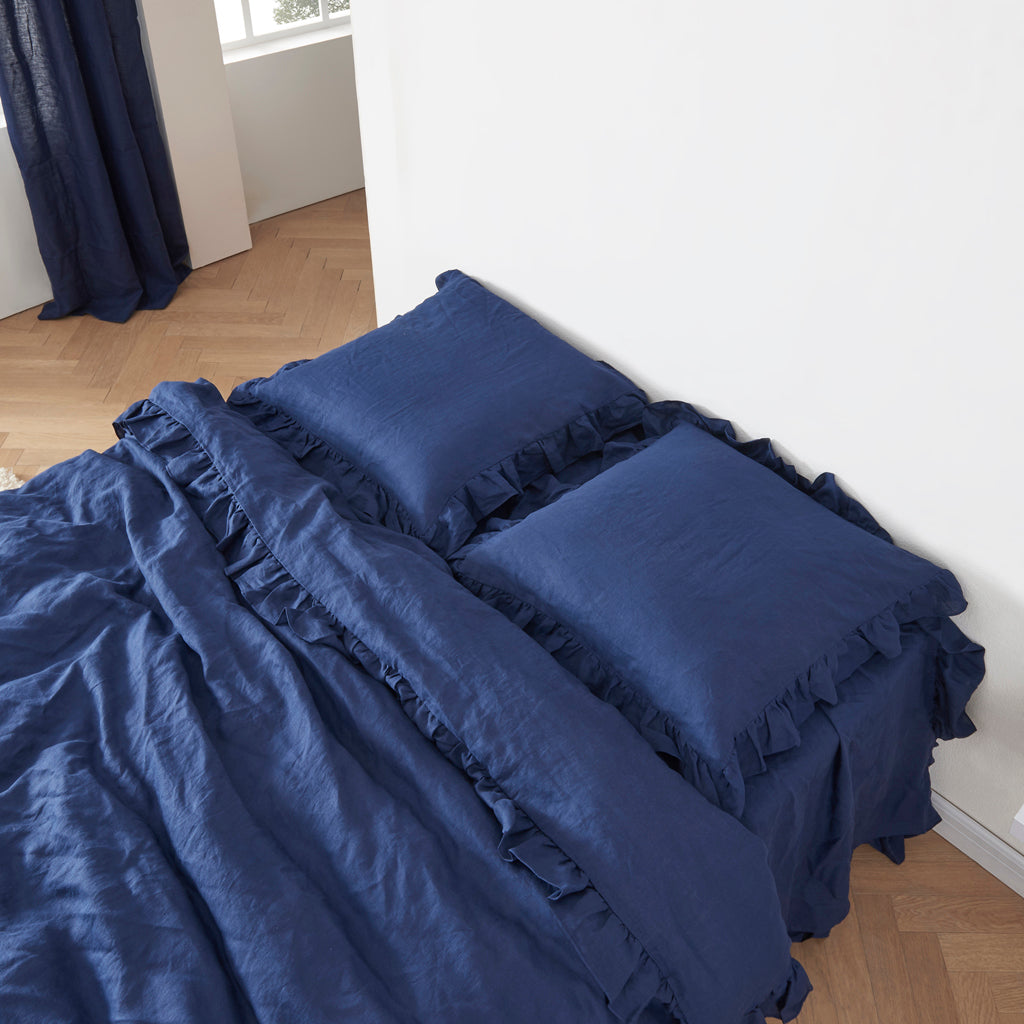 Indigo Blue Linen Ruffle Pillowcase Shams