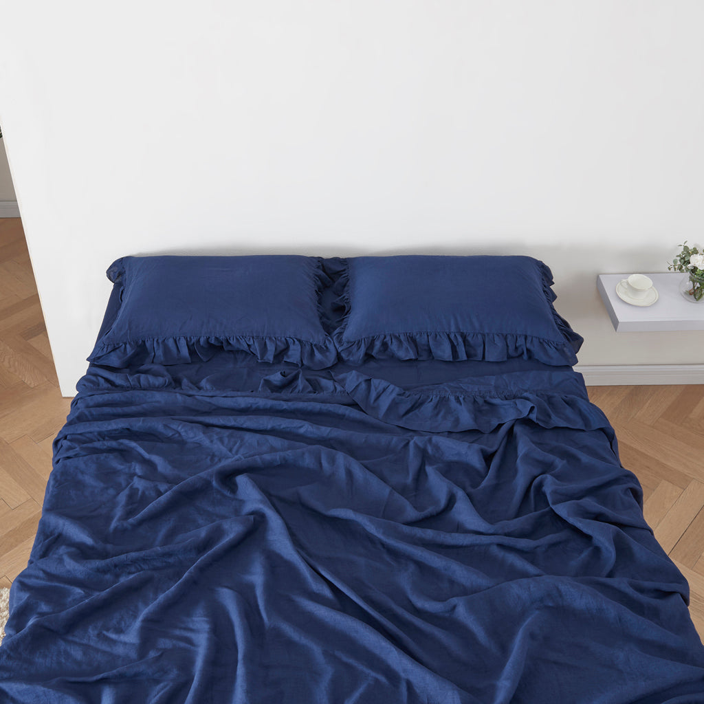 Indigo Blue Ruffle Hem Linen Flat Sheet for Better Sleep