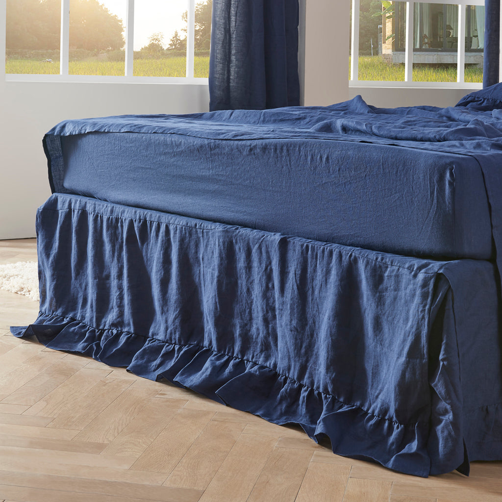 Side View Of Indigo Blue 100% Linen Ruffle Hem Bedskirt - linenforce