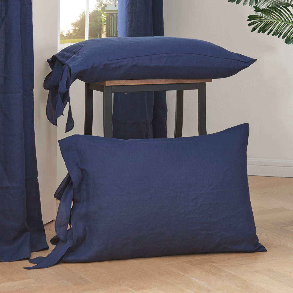 Cooling Indigo Blue Linen Pillowcases with Bow Ties