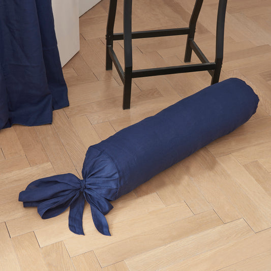 Indigo Blue Linen Bolster Pillow with Bow Ties
