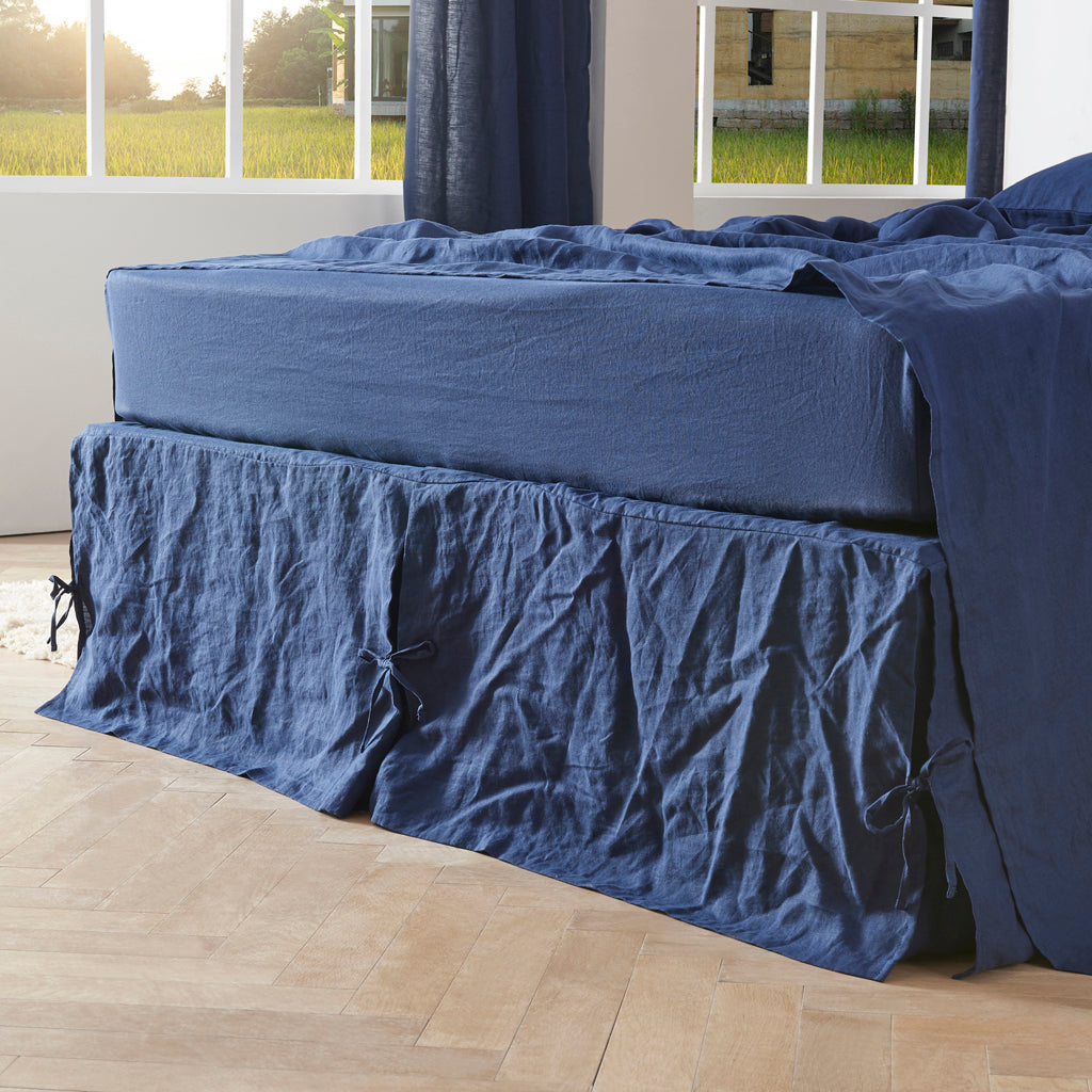 Indigo Blue Linen Knotted Bedskirt on Bed