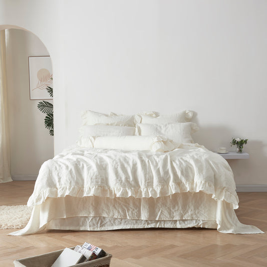Front View of Ivory 100% Linen Ruffle Hem Duvet Cover On Bed - linenforce
