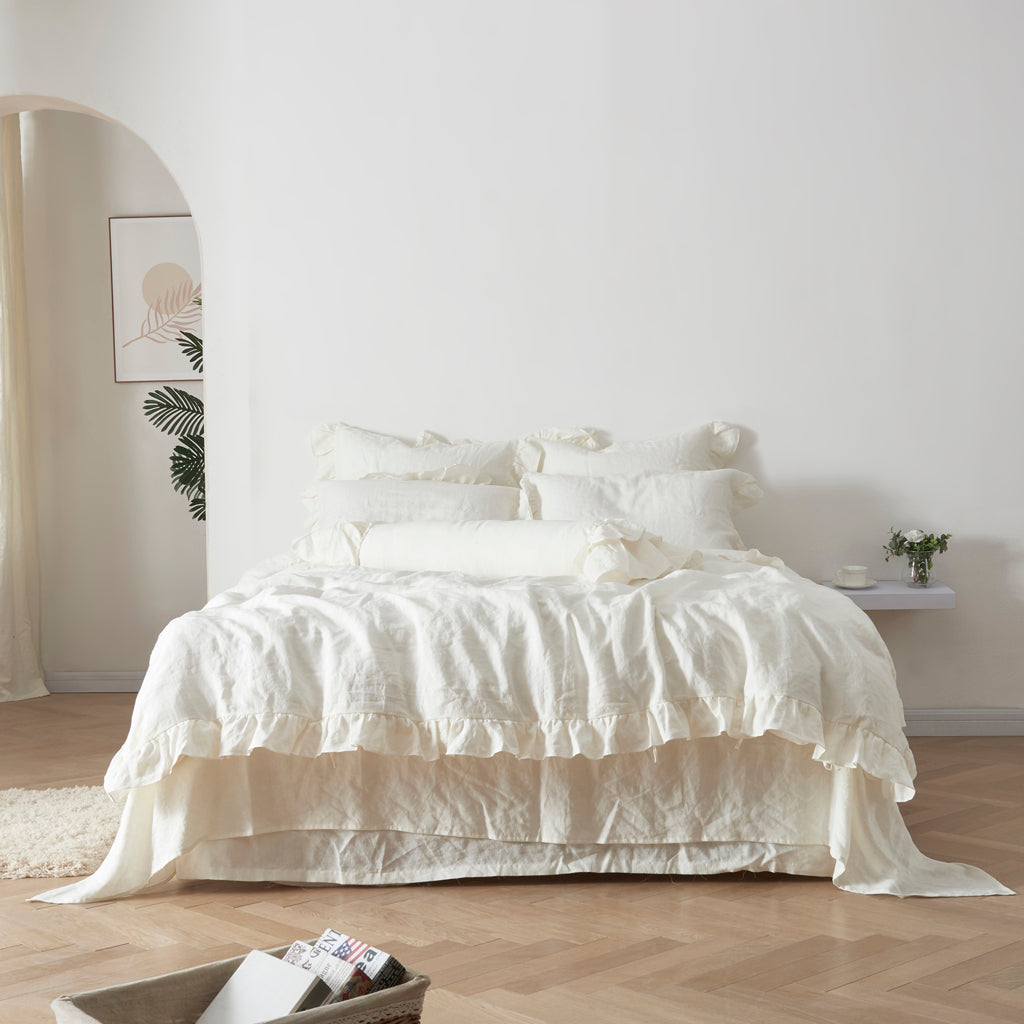 Ivory Linen Ruffle Hem Duvet Cover on Bed