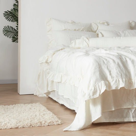Side View Of Ivory 100% Linen Ruffle Hem Duvet Cover On Bed - llinenforce
