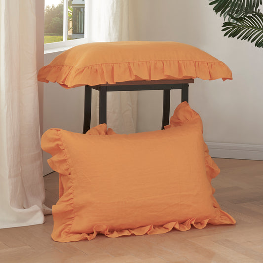 Tangelo Orange Linen Pillowcases with Ruffle Hem