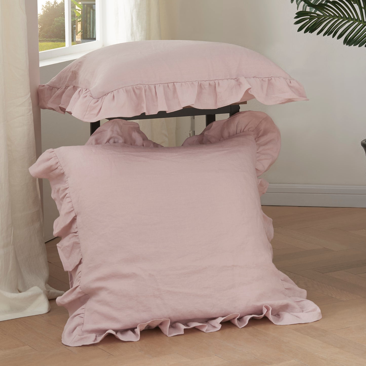 Violet Linen Pillowcase Shams with Ruffle Hem