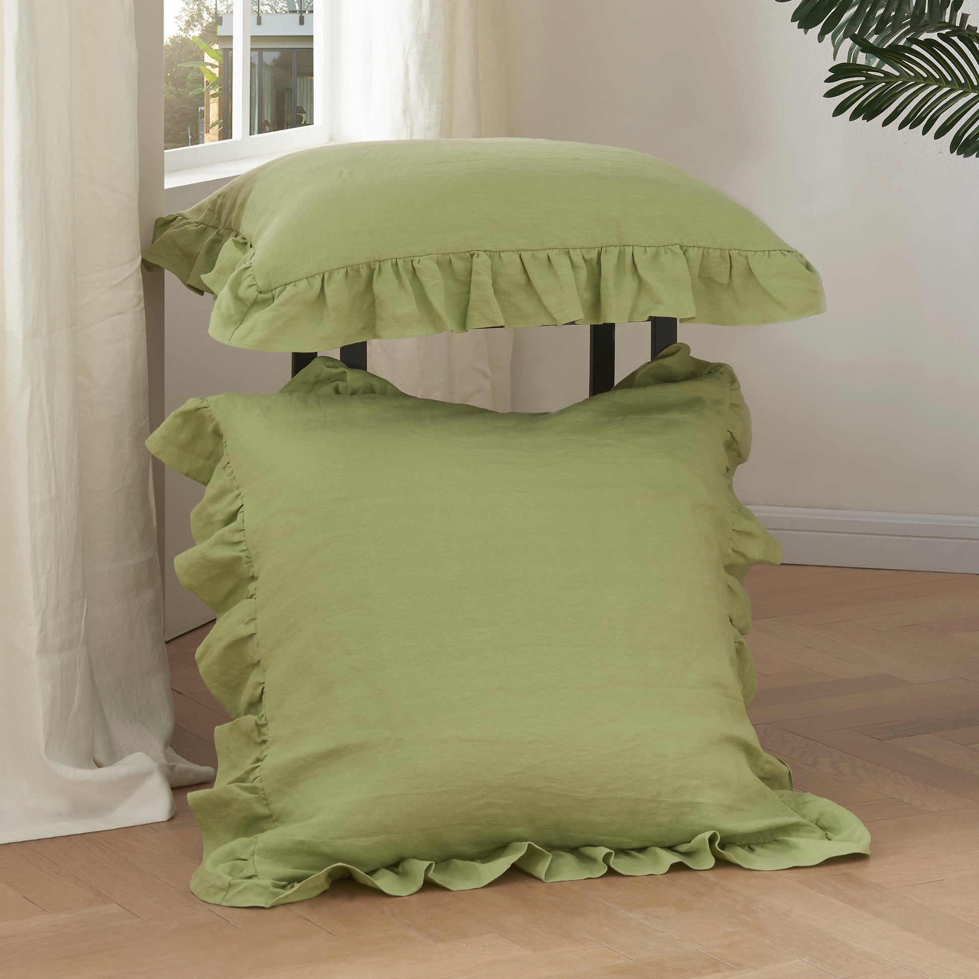 Matcha Green Square Linen Pillowcases with Ruffle Hem