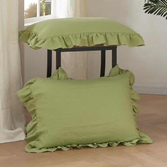 Matcha Green Linen Ruffle Hem Pillowcases