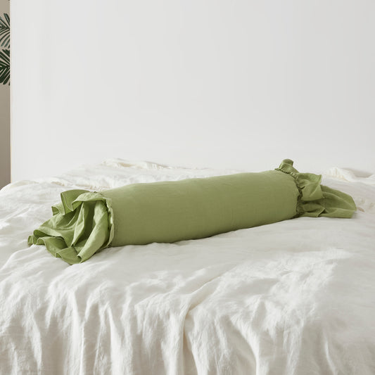 Matcha Green Linen Bolster Pillow with Ruffle Hem